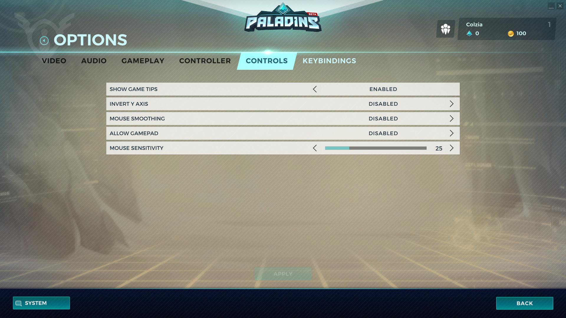 Controls options paladins